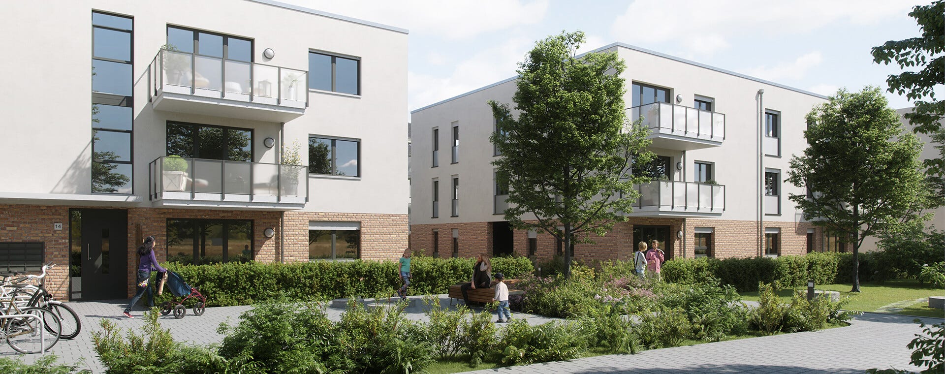 Moderne Wohnhäuser in Bensheim mit Balkonen, grüner Umgebung und ruhigen Wegen – Familien und Nachbarn begegnen sich im gemeinschaftlichen Innenhof