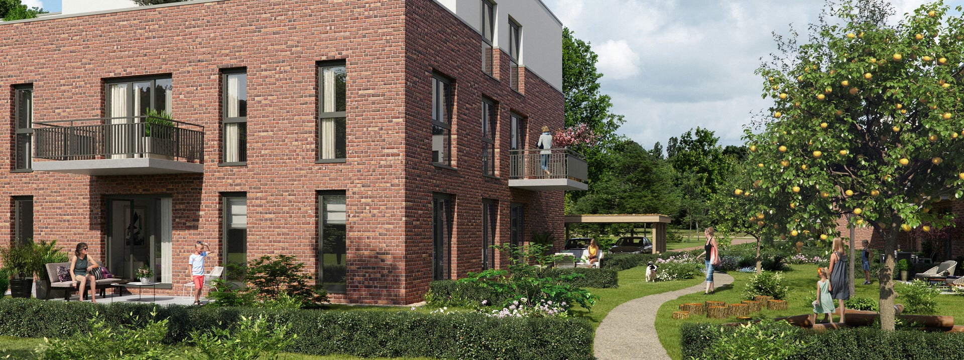 Rotes Klinkerhaus im Quartier Quittenknick in Hasloh mit Balkonen, Gärten und Apfelbaum – Nachbarn genießen die grüne Umgebung gemeinsam