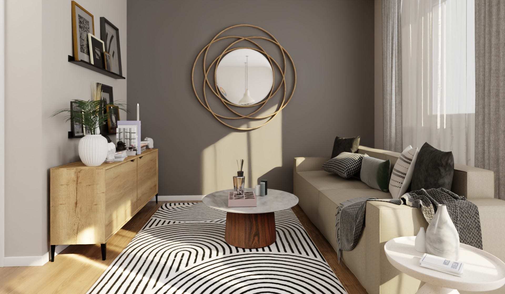 Gemütliches Wohnzimmer mit stilvoller Deko: Holzmöbel, eleganter Teppich, runde Spiegelakzente.