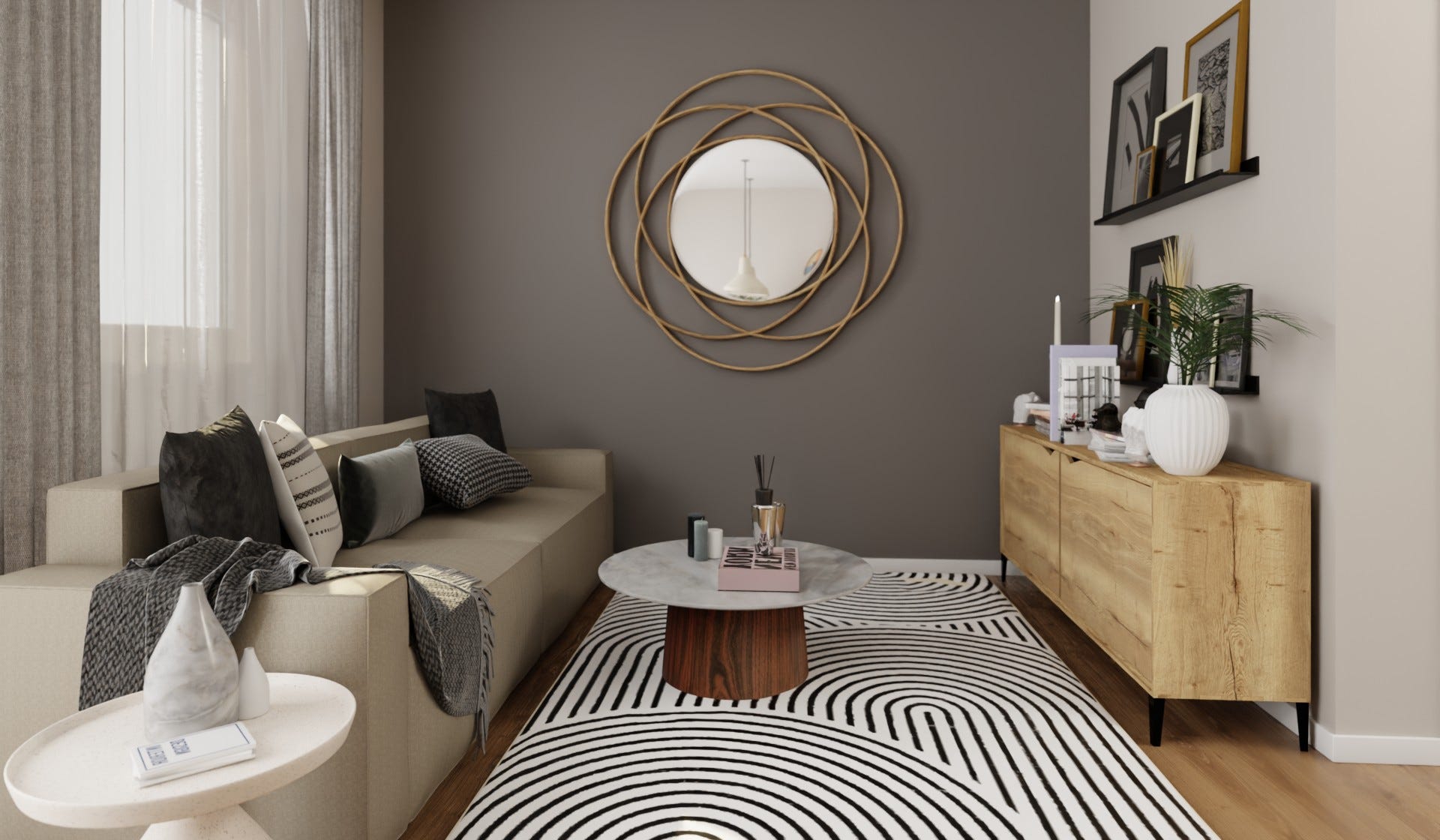Gemütliches Wohnzimmer mit stilvollem Design. Elegantes Sofa, Spiegel und moderner Teppich.