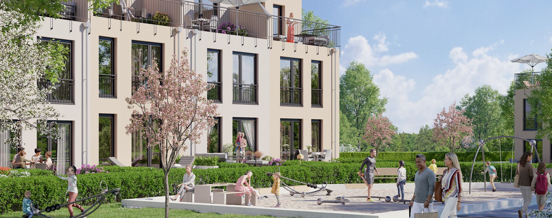 Moderne Reihenhäuser eines Neubauprojekts in Frankfurt (Oder) mit spielenden Kindern und Grünanlagen.