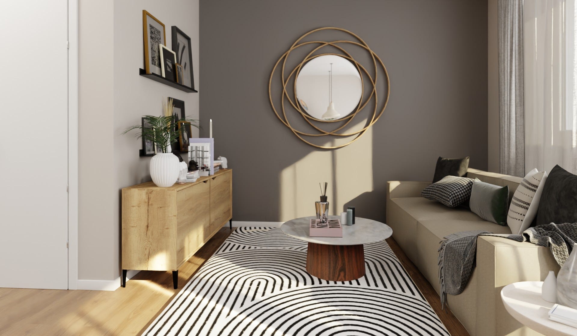 Ein stilvoller Wohnraum mit modernem Design. Einzigartiger Spiegel, gemütliches Sofa, schickes Dekor.
