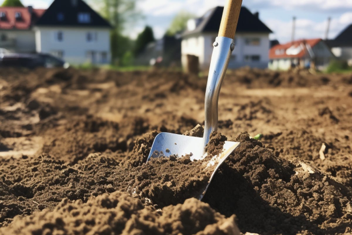 Ein Spaten sticht in die Erde